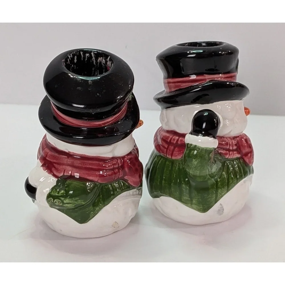 Snowman Taper Candle Holders Set of 2 White Red Green Good Ceramic